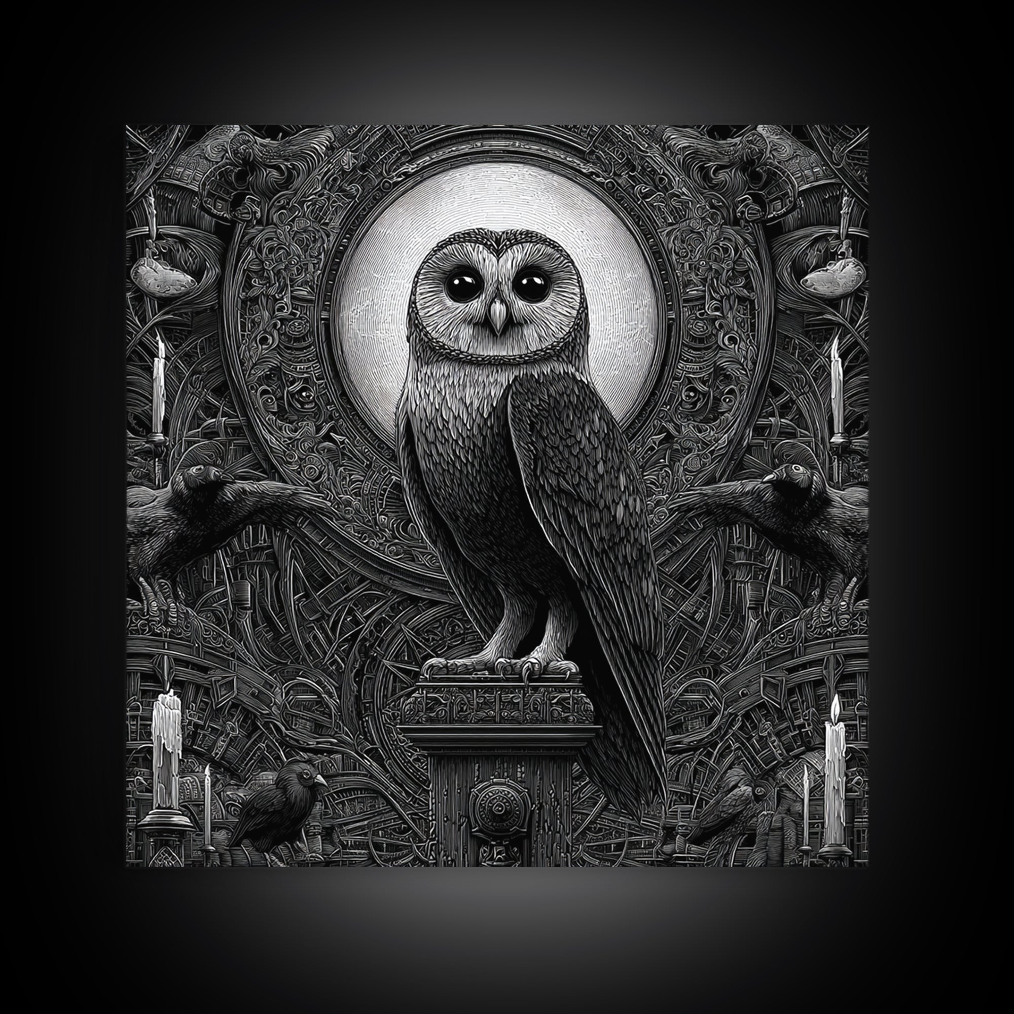 The Owl-Faced Omen, Biomechanical Horror Art, Square Wall Art, Gothic Horror Wall Art, Canvas Print, Halloween Wall Art, Statement Wall Art