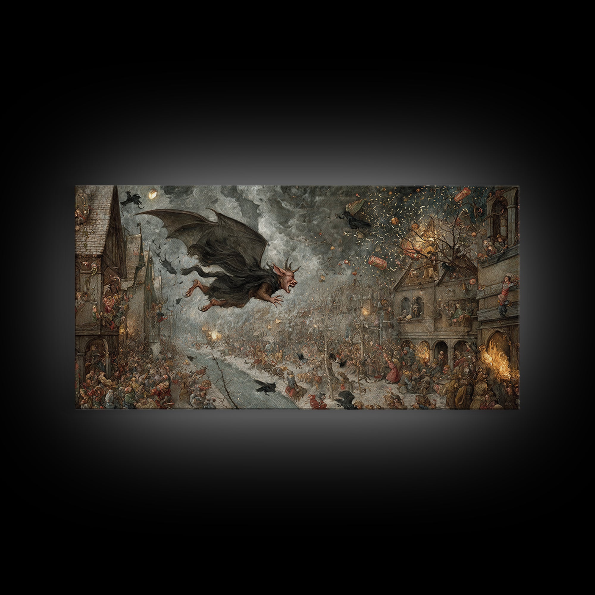 The Bat-Winged Imp, Northern Renaissance Horror, Wide Panoramic Art, Macabre Wall Art, Framed Canvas Print, Halloween Wall Art