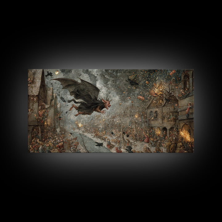 The Bat-Winged Imp, Northern Renaissance Horror, Wide Panoramic Art, Macabre Wall Art, Framed Canvas Print, Halloween Wall Art