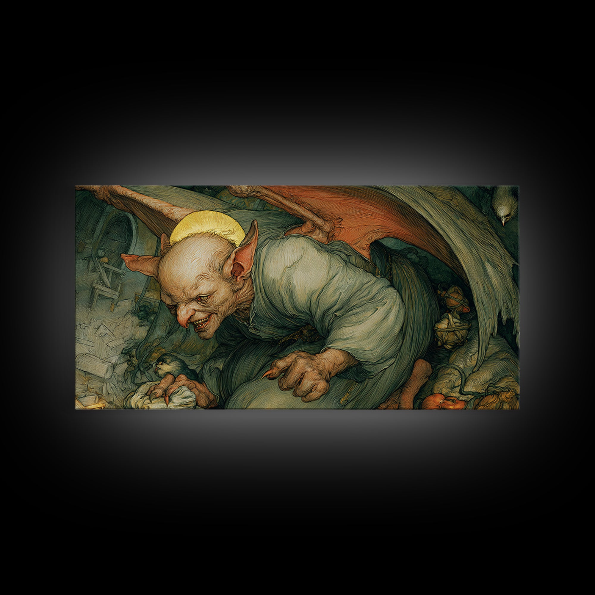 The Bat-Winged Imp, Dark Renaissance Art, Wide Panoramic Art, Macabre Wall Art, Canvas Print, Halloween Wall Art