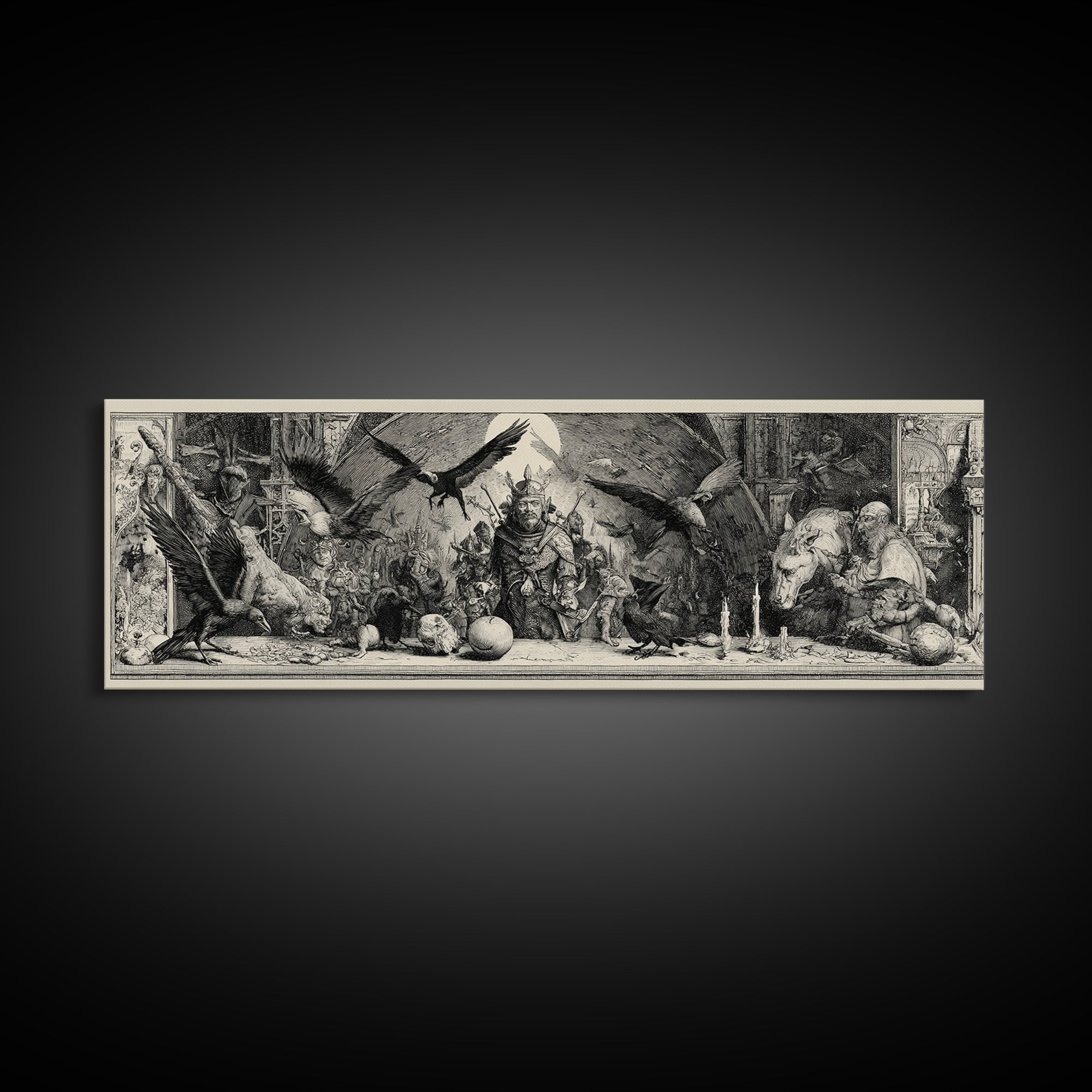 The Bat-Winged Imp, Renaissance Engraving Art, Extra Wide Wall Art, Dark Fantasy Wall Art, Canvas Print, Halloween Wall Art