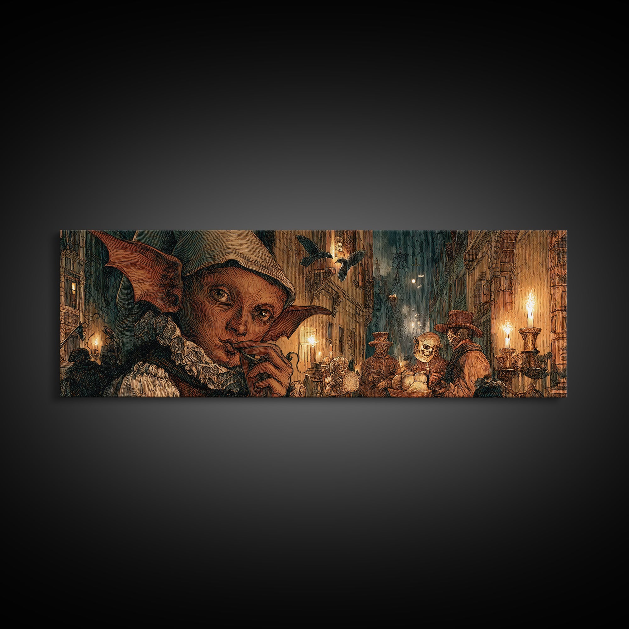 The Bat-Winged Imp, Danse Macabre Art, Extra Wide Wall Art, Macabre Wall Art, Canvas Print, Halloween Wall Art