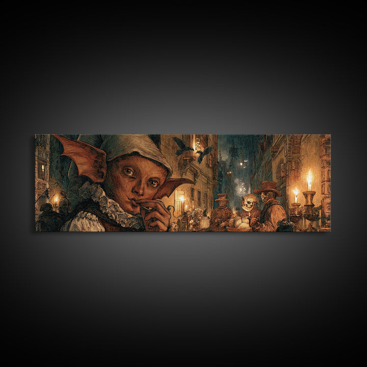 The Bat-Winged Imp, Danse Macabre Art, Extra Wide Wall Art, Macabre Wall Art, Canvas Print, Halloween Wall Art