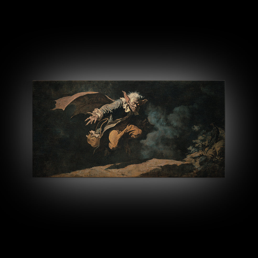 The Bat-Winged Imp, Dark Romantic Horror Art, Wide Panoramic Art, Dark Fantasy Wall Art, Canvas Print, Halloween Wall Art