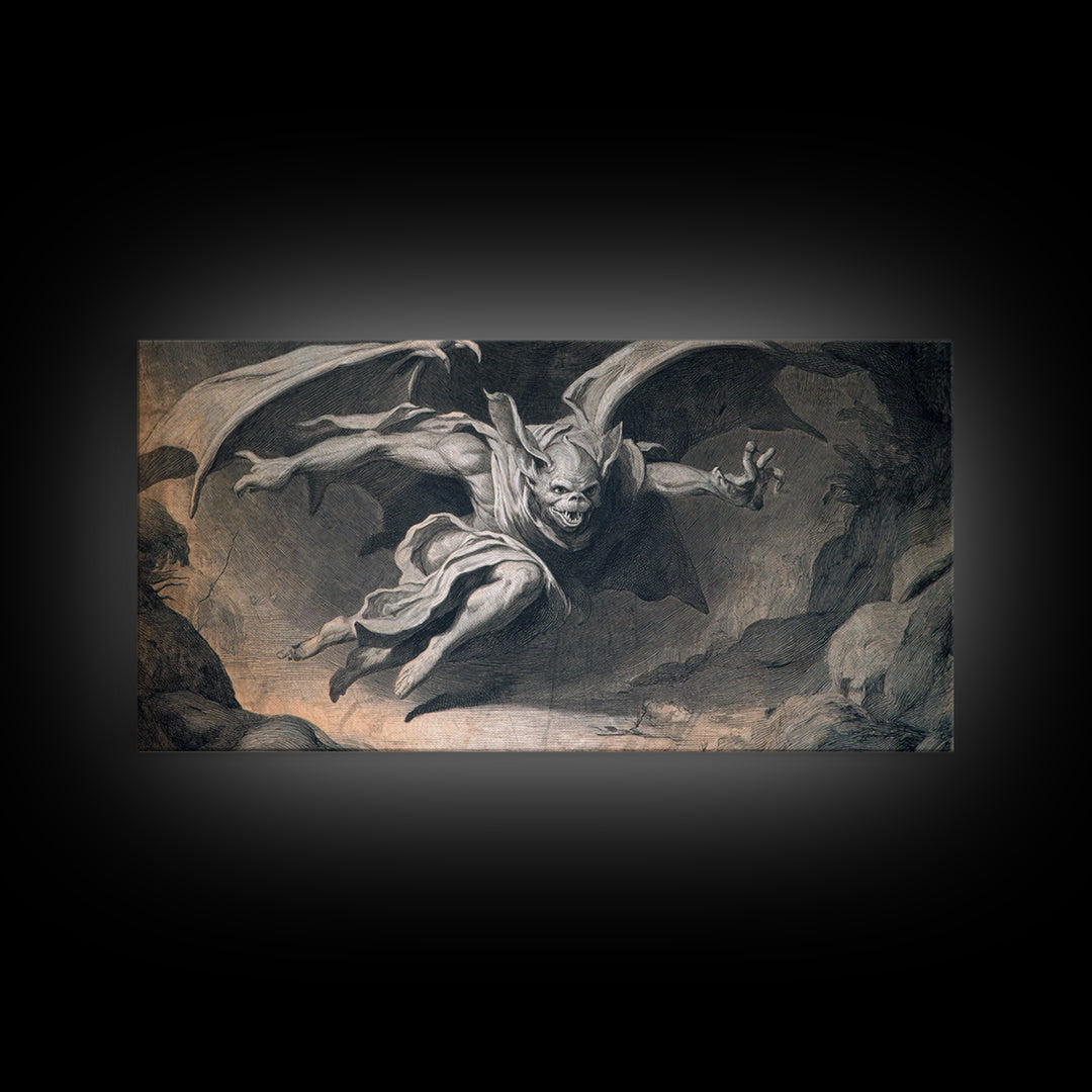 The Bat-Winged Imp, Gothic Nightmare Art, Wide Panoramic Art, Macabre Wall Art, Framed Canvas Print, Halloween Wall Art