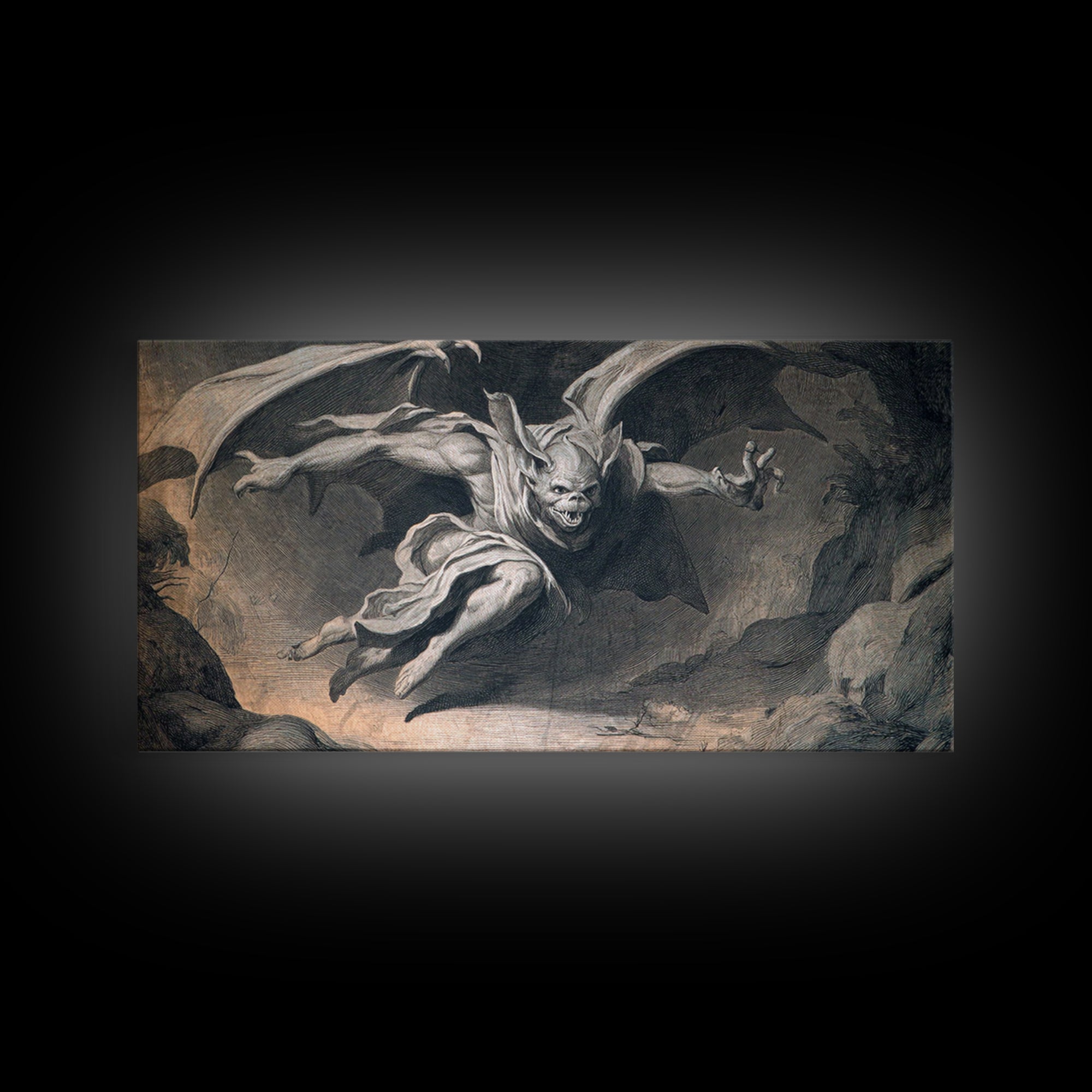 The Bat-Winged Imp, Gothic Nightmare Art, Wide Panoramic Art, Macabre Wall Art, Framed Canvas Print, Halloween Wall Art