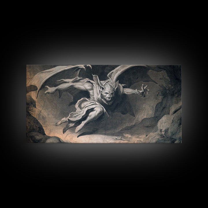 The Bat-Winged Imp, Gothic Nightmare Art, Wide Panoramic Art, Macabre Wall Art, Framed Canvas Print, Halloween Wall Art
