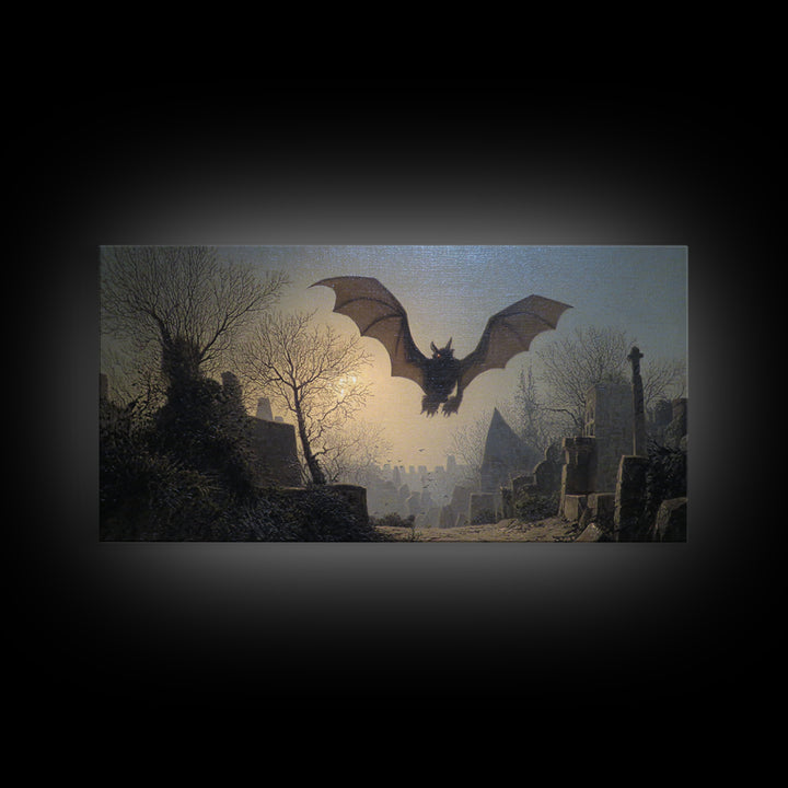 The Bat-Winged Imp, Romantic Gothic Landscape, Wide Panoramic Art, Dark Fantasy Wall Art, Canvas Print, Halloween Wall Art