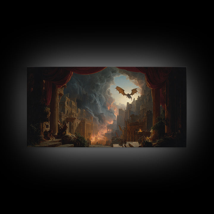 The Bat-Winged Imp, Apocalyptic Romantic Art, Wide Panoramic Art, Gothic Horror Wall Art, Framed Canvas Print, Halloween Wall Art