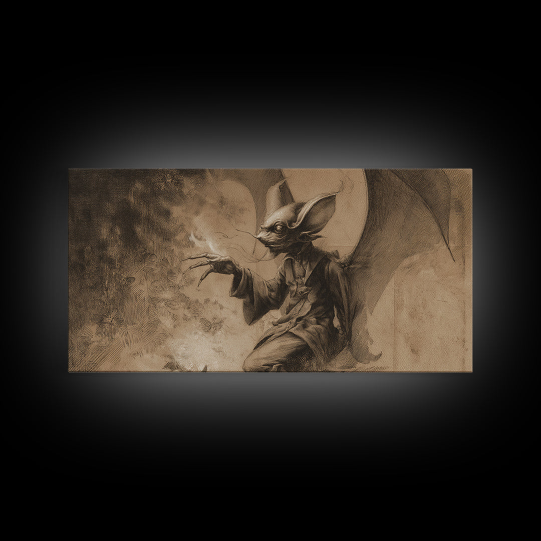 The Bat-Winged Imp, Symbolist Dream Art, Wide Panoramic Art, Dark Halloween Decor, Canvas Print, Halloween Wall Art