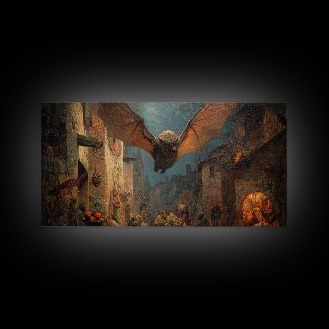 The Bat-Winged Imp, Ornate Symbolist Art, Wide Panoramic Art, Macabre Wall Art, Framed Canvas Print, Halloween Wall Art