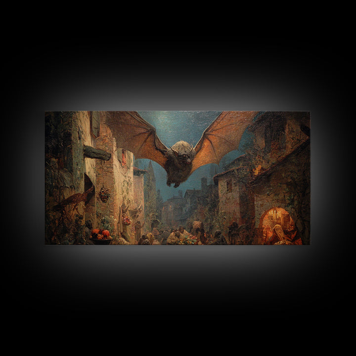 The Bat-Winged Imp, Ornate Symbolist Art, Wide Panoramic Art, Macabre Wall Art, Framed Canvas Print, Halloween Wall Art