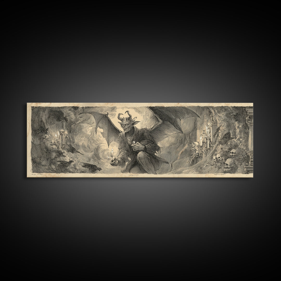 The Bat-Winged Imp, Decadent Gothic Art, Extra Wide Wall Art, Dark Halloween Decor, Canvas Print, Halloween Wall Art