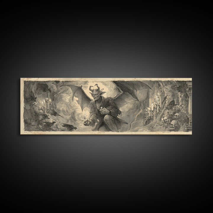 The Bat-Winged Imp, Decadent Gothic Art, Extra Wide Wall Art, Dark Halloween Decor, Canvas Print, Halloween Wall Art