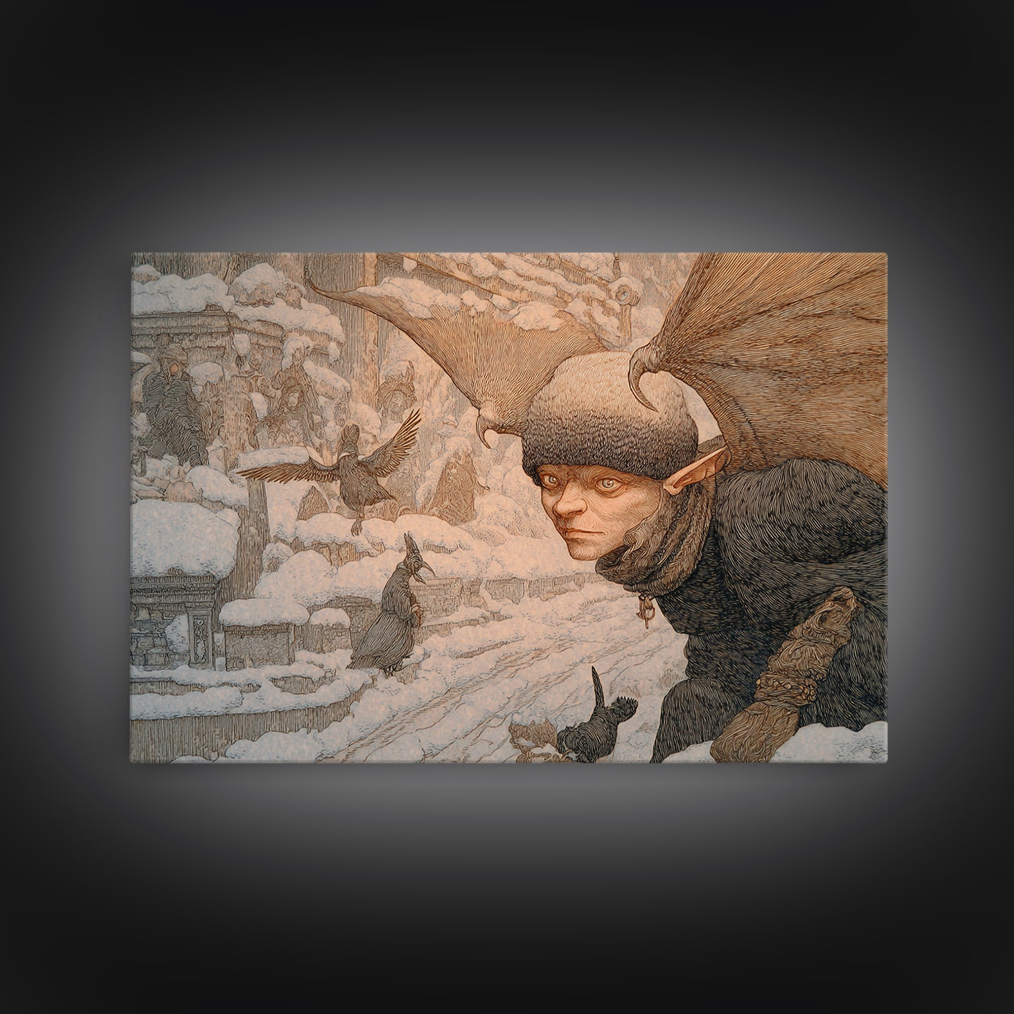 The Bat-Winged Imp, Symbolist Death Art, Landscape Wall Art, Dark Halloween Decor, Framed Canvas Print, Halloween Wall Art