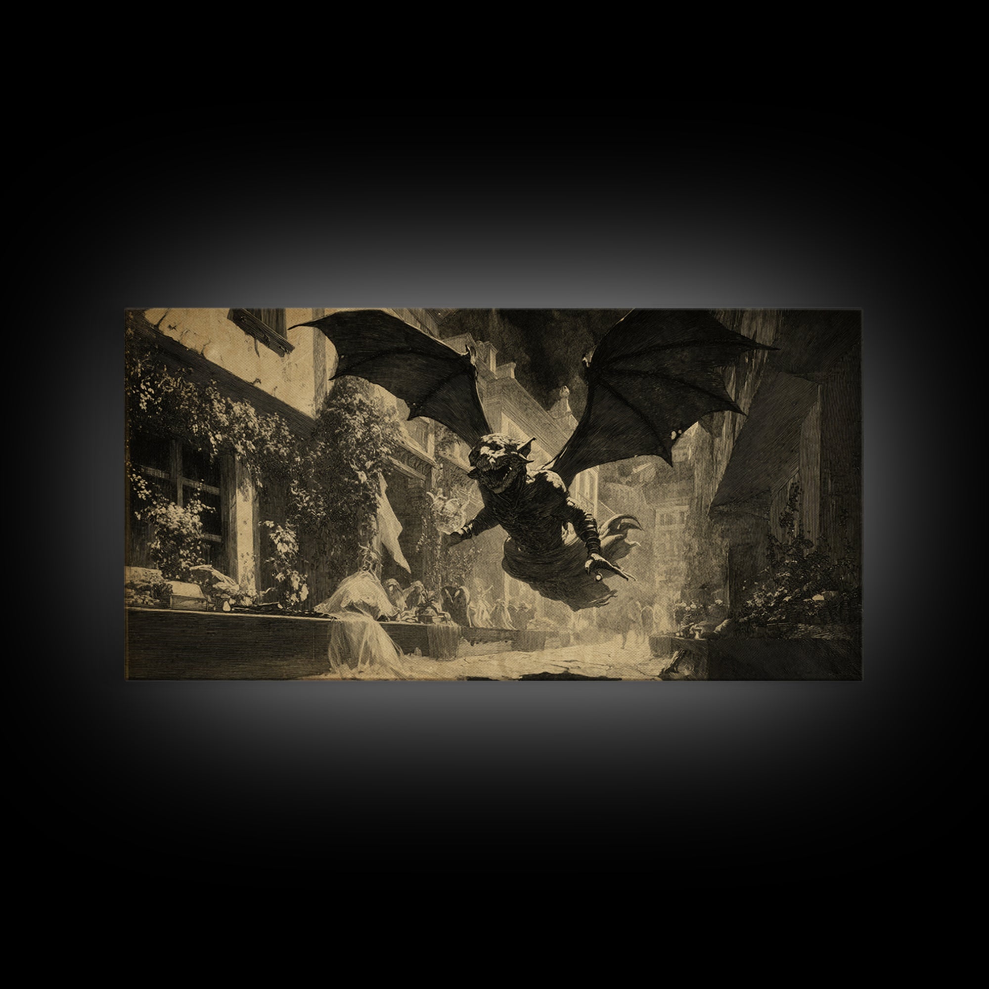 The Bat-Winged Imp, Dark Symbolist Art, Wide Panoramic Art, Dark Halloween Decor, Canvas Print, Halloween Wall Art