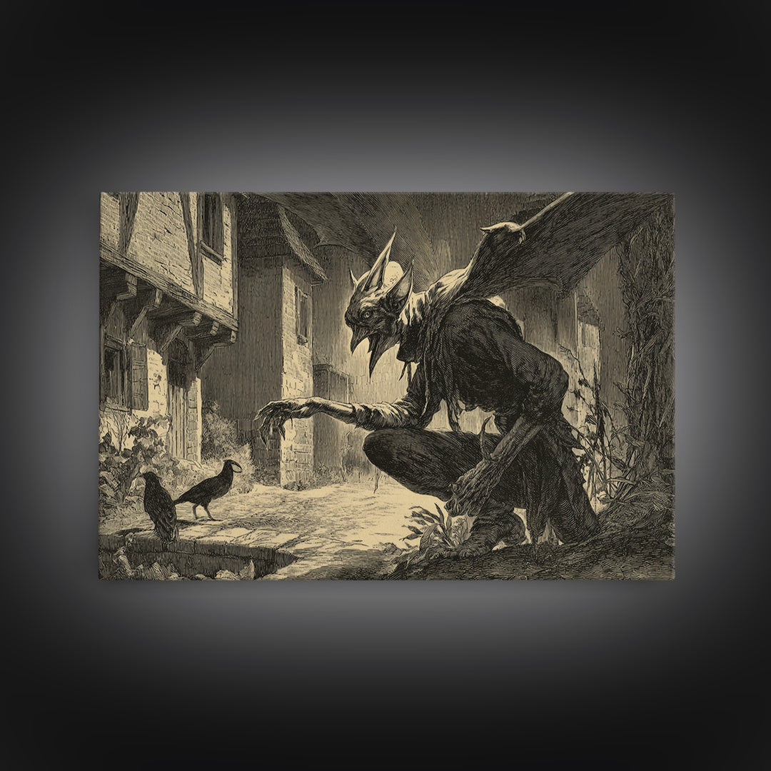 The Bat-Winged Imp, Symbolist Etching Art, Landscape Wall Art, Macabre Wall Art, Framed Canvas Print, Halloween Wall Art