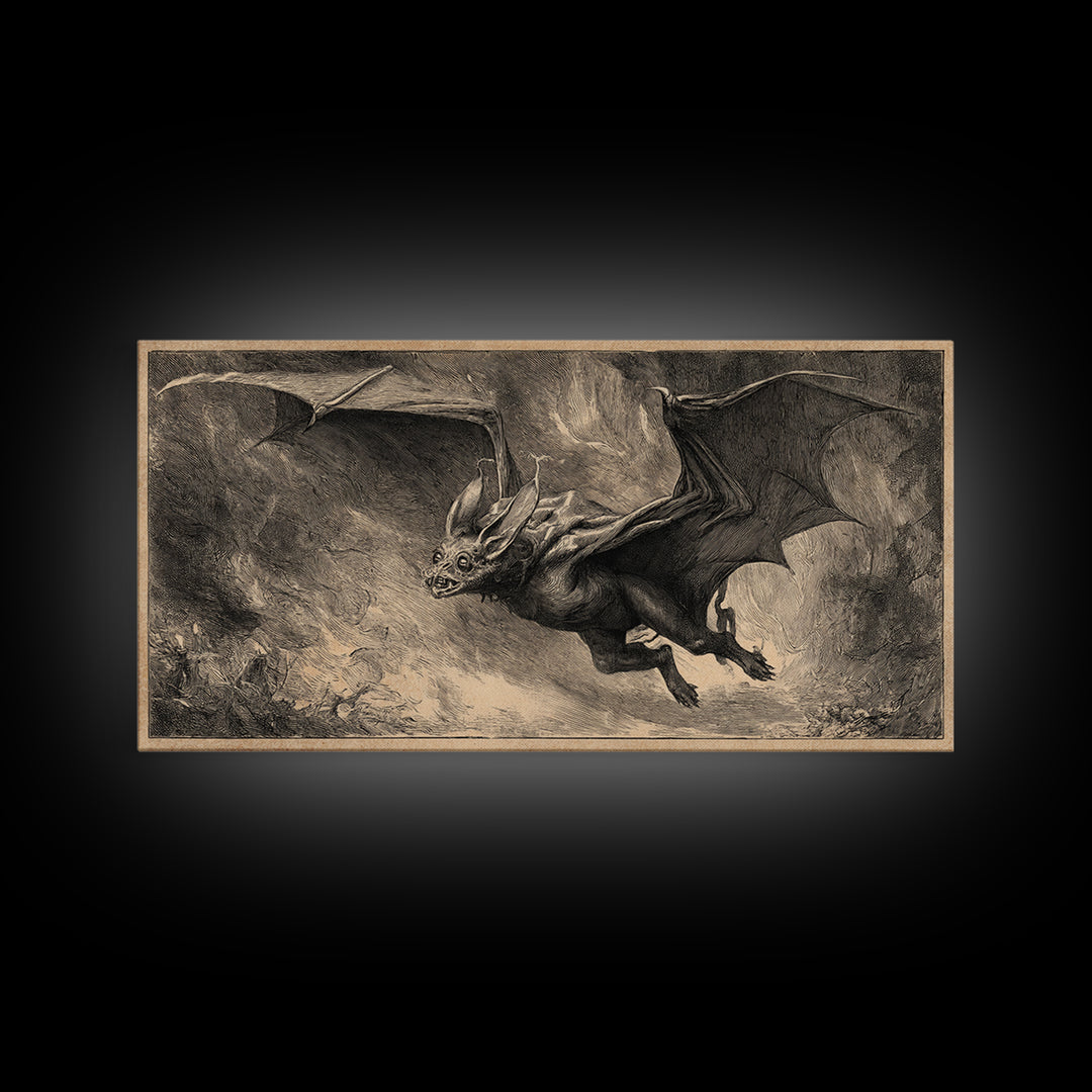 The Bat-Winged Imp, Expressionist Nightmare Art, Wide Panoramic Art, Dark Fantasy Wall Art, Framed Canvas Print, Halloween Wall Art