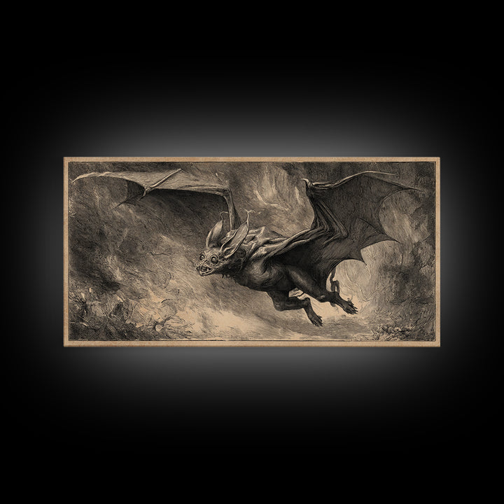 The Bat-Winged Imp, Expressionist Nightmare Art, Wide Panoramic Art, Dark Fantasy Wall Art, Framed Canvas Print, Halloween Wall Art