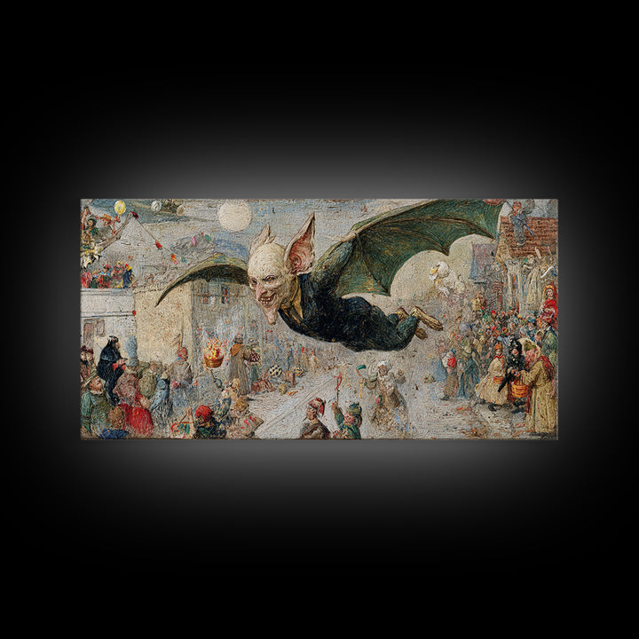 The Bat-Winged Imp, Grotesque Carnival Art, Wide Panoramic Art, Macabre Wall Art, Framed Canvas Print, Halloween Wall Art, Halloween Decor