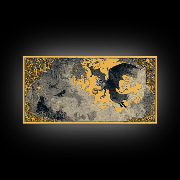 The Bat-Winged Imp, Decadent Line Art, Wide Panoramic Art, Macabre Wall Art, Framed Canvas Print, Halloween Wall Art