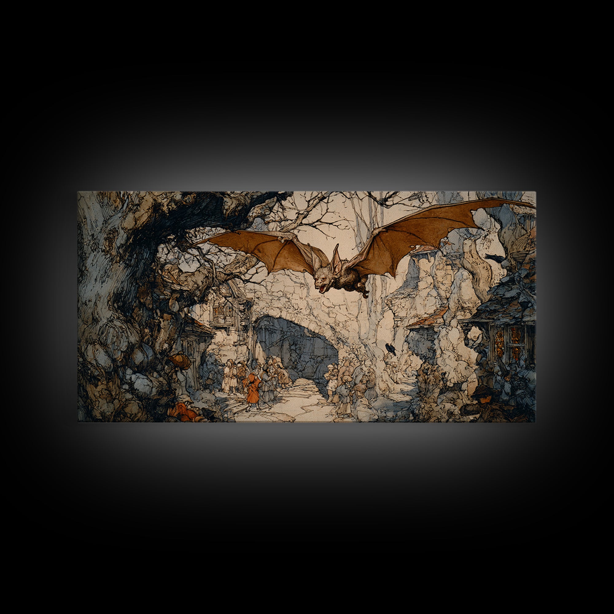 The Bat-Winged Imp, Gothic Storybook Art, Wide Panoramic Art, Dark Fantasy Wall Art, Framed Canvas Print, Halloween Wall Art