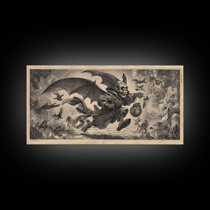 The Bat-Winged Imp, Macabre Folk Print Art, Wide Panoramic Art, Dark Halloween Decor, Framed Canvas Print, Halloween Wall Art