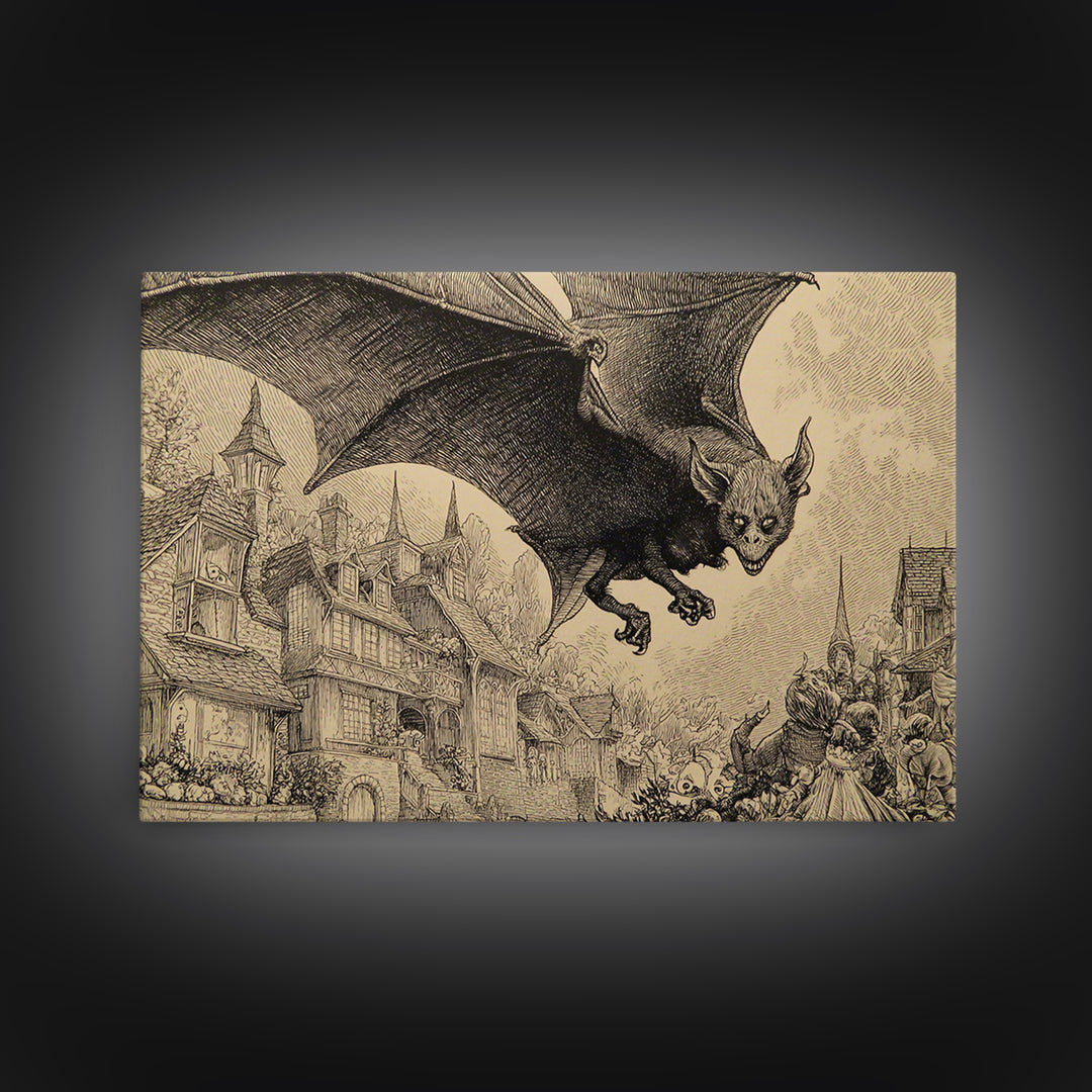 The Bat-Winged Imp, Victorian Macabre Art, Landscape Wall Art, Gothic Horror Wall Art, Framed Canvas Print, Halloween Wall Art