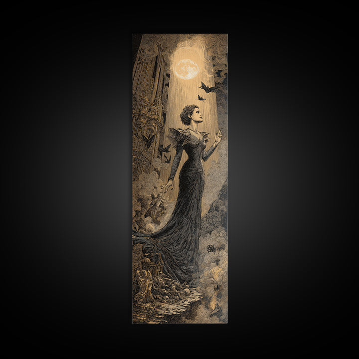 The Spider Queen, Gothic Engraving Art, Tall Narrow Wall Art, Dark Fantasy Wall Art, Framed Canvas Print, Halloween Wall Art