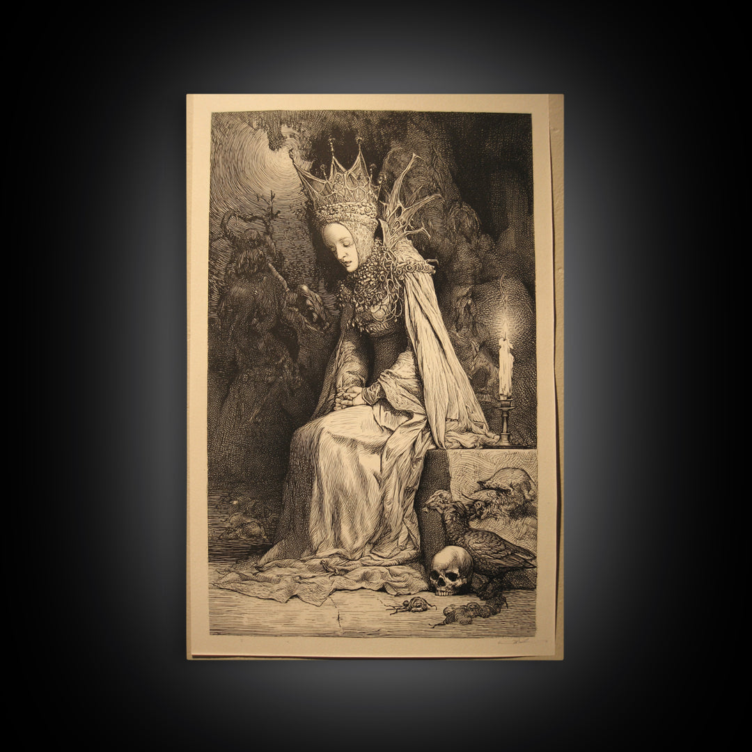 The Spider Queen, Renaissance Engraving Art, Vertical Wall Art, Dark Halloween Decor, Framed Canvas Print, Halloween Wall Art