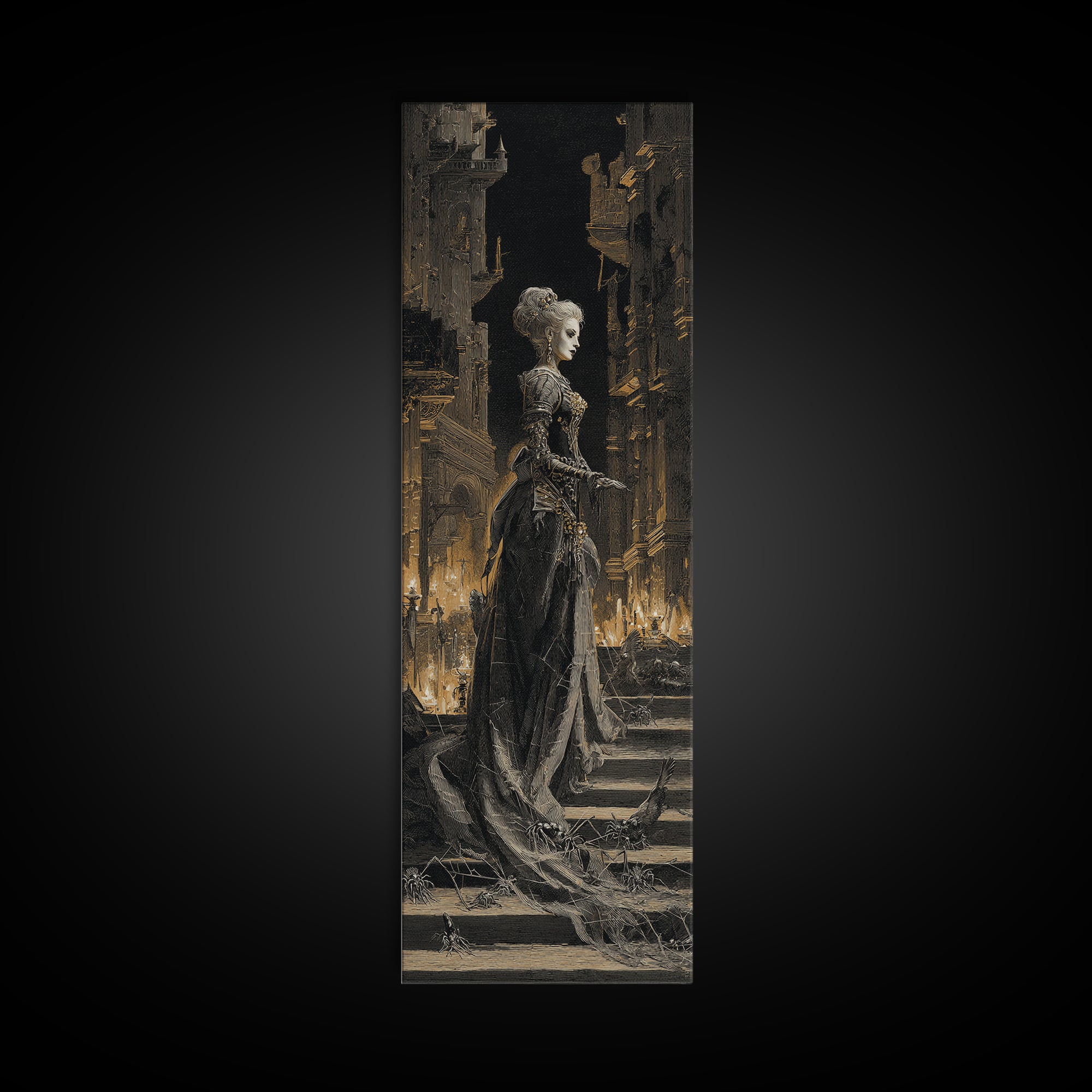 The Spider Queen, Architectural Etching Art, Tall Narrow Wall Art, Dark Fantasy Wall Art, Canvas Print, Halloween Wall Art