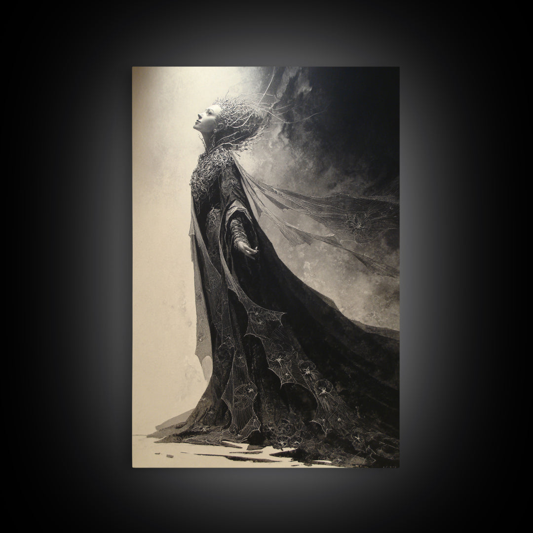 The Spider Queen, Symbolist Dream Art, Vertical Wall Art, Dark Fantasy Wall Art, Framed Canvas Print, Halloween Wall Art