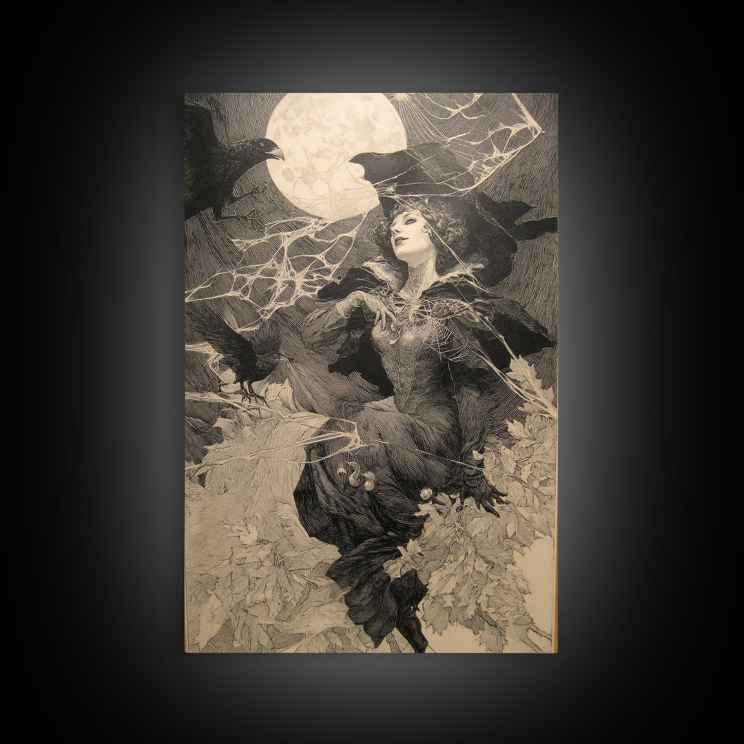 The Spider Queen, Symbolist Etching Art, Vertical Wall Art, Dark Fantasy Wall Art, Framed Canvas Print, Halloween Wall Art