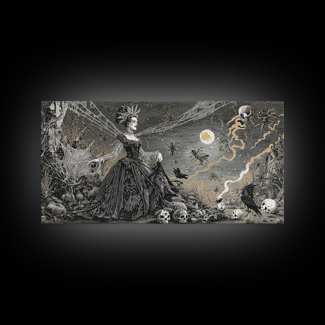 The Spider Queen, Macabre Folk Print Art, Wide Panoramic Art, Dark Halloween Decor, Canvas Print, Halloween Wall Art