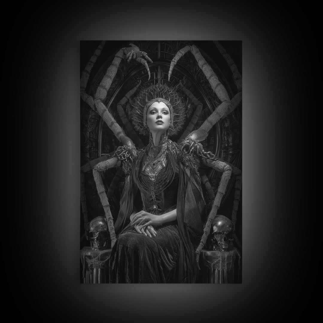 The Spider Queen, Biomechanical Horror Art, Vertical Wall Art, Dark Halloween Decor, Framed Canvas Print, Halloween Wall Art