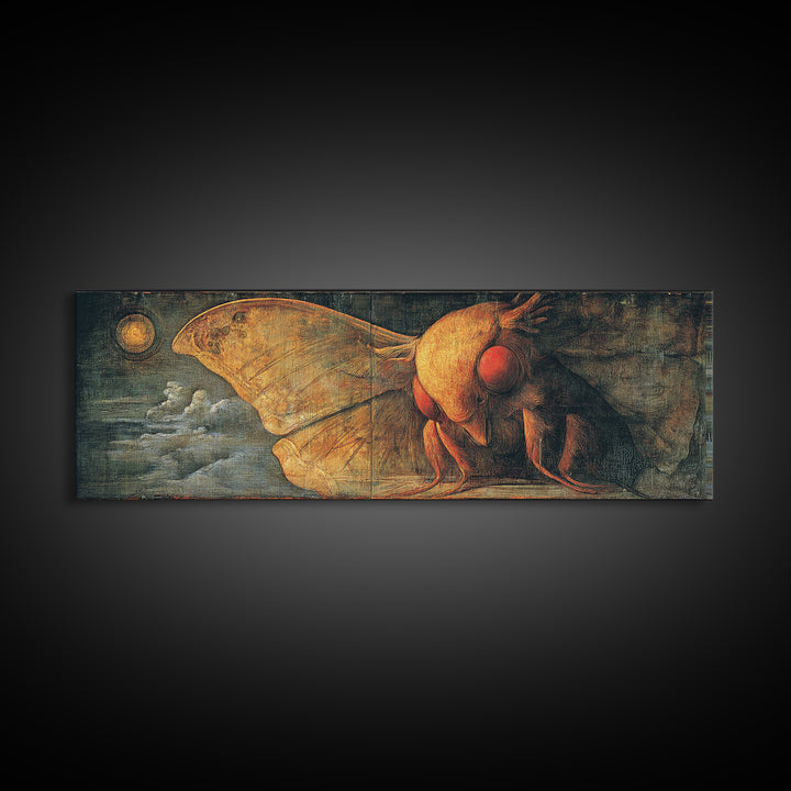 The Red-Eyed Moth Creature, Dark Renaissance Art, Extra Wide Wall Art, Dark Fantasy Wall Art, Canvas Print, Halloween Wall Art