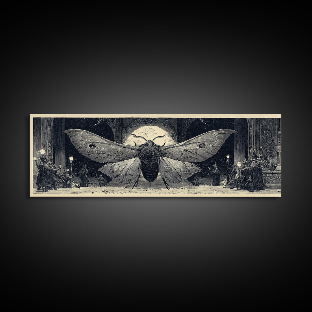The Red-Eyed Moth Creature, Renaissance Engraving Art, Extra Wide Wall Art, Dark Halloween Decor, Canvas Print, Halloween Wall Art