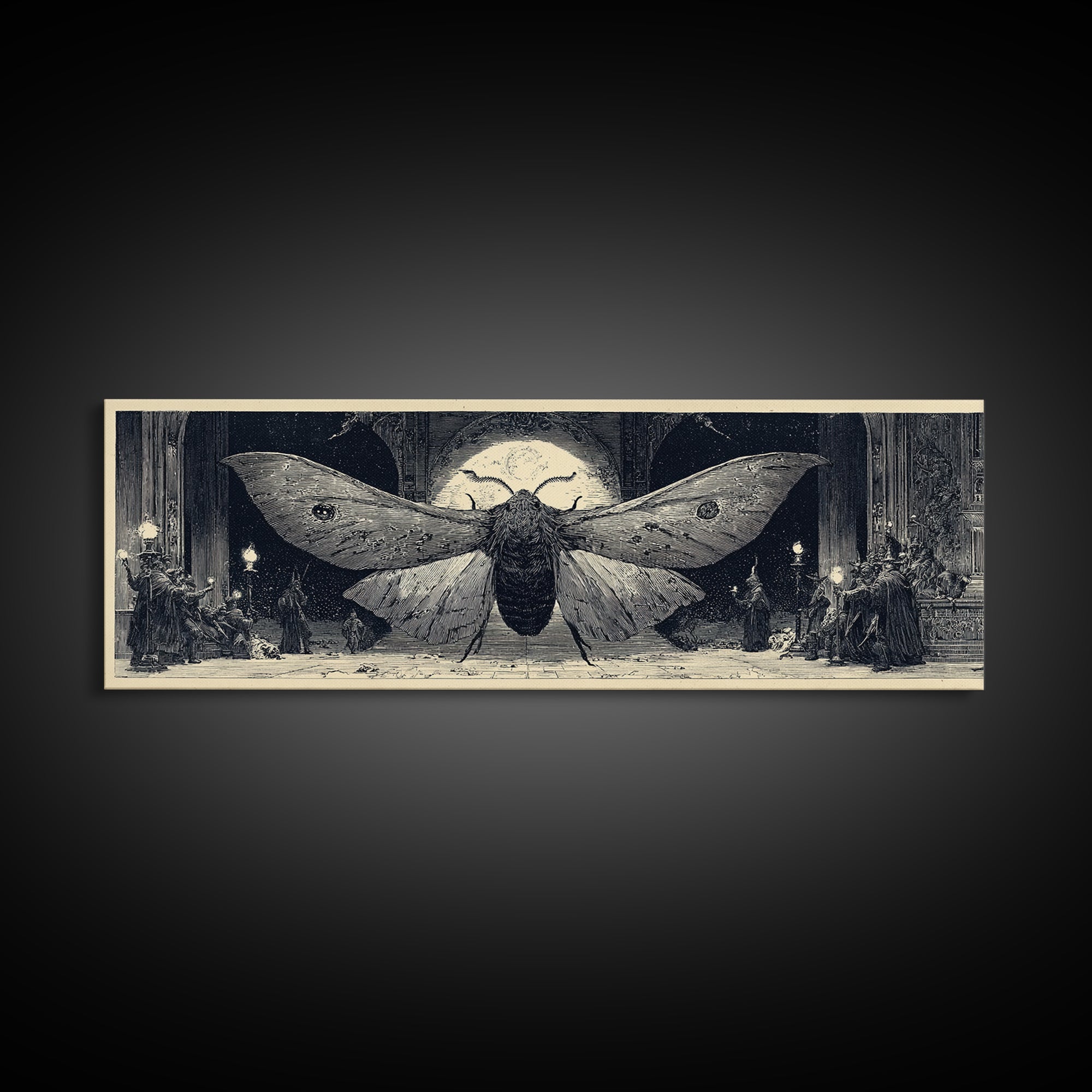 The Red-Eyed Moth Creature, Renaissance Engraving Art, Extra Wide Wall Art, Dark Halloween Decor, Canvas Print, Halloween Wall Art