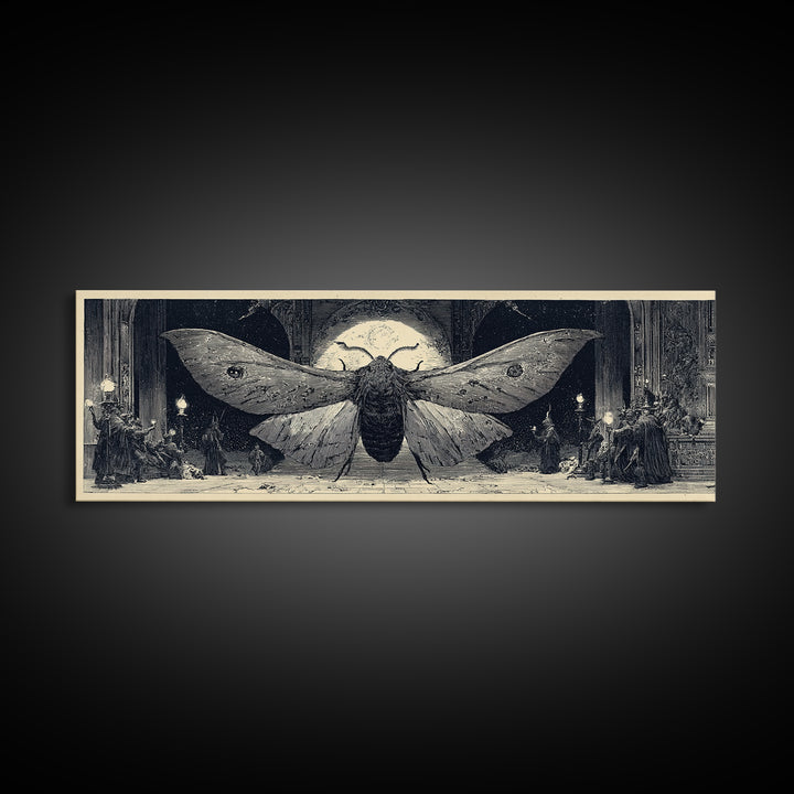 The Red-Eyed Moth Creature, Renaissance Engraving Art, Extra Wide Wall Art, Dark Halloween Decor, Canvas Print, Halloween Wall Art