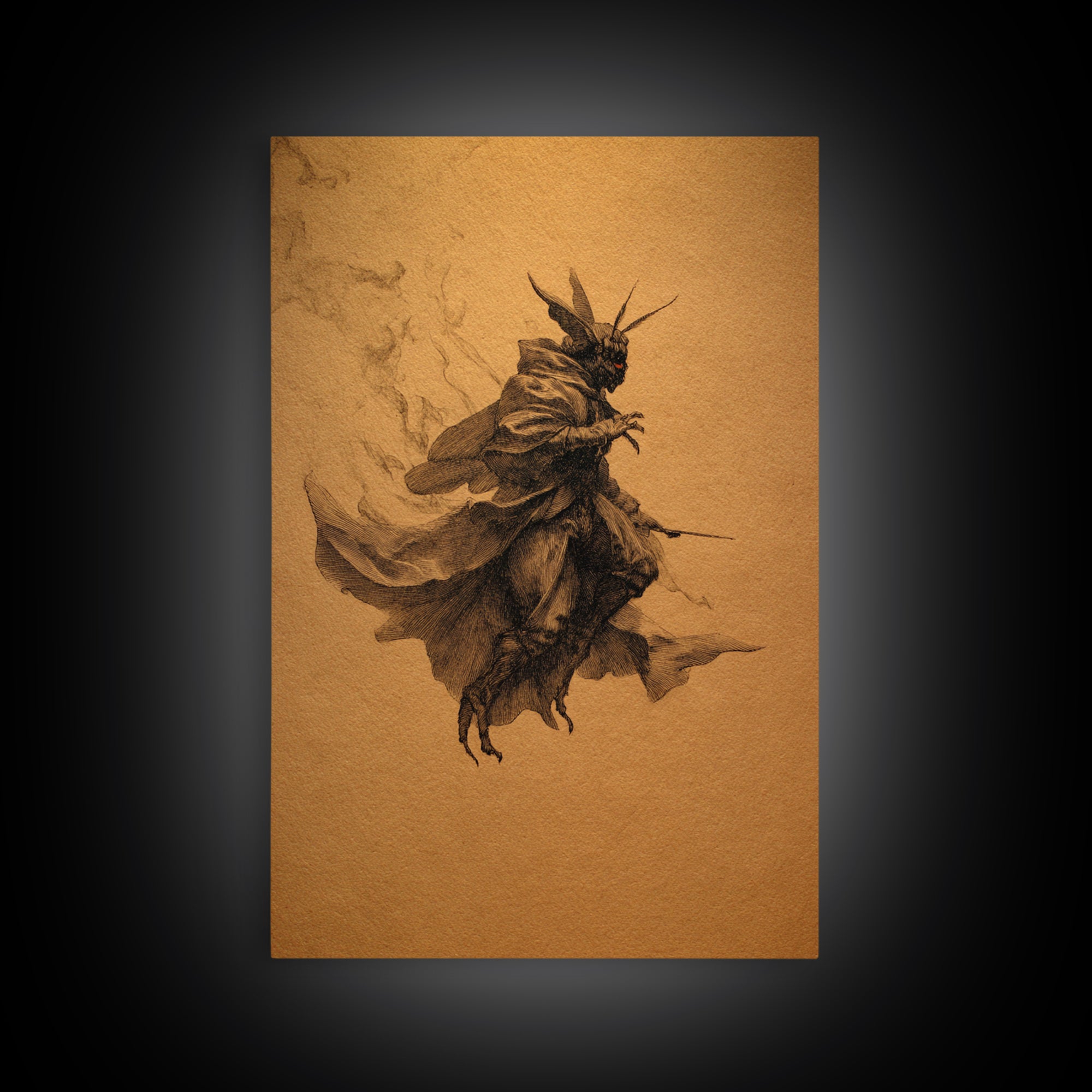 The Red-Eyed Moth Creature, Baroque Witchcraft Art, Vertical Wall Art, Dark Halloween Decor, Canvas Print, Halloween Wall Art