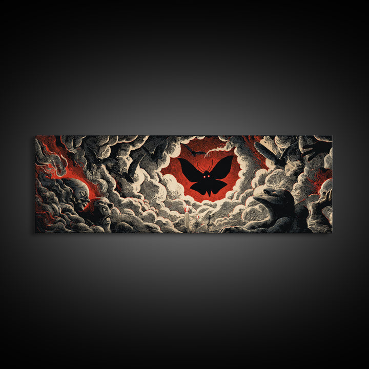 The Red-Eyed Moth Creature, Gothic Nightmare Art, Extra Wide Wall Art, Dark Halloween Decor, Canvas Print, Halloween Wall Art