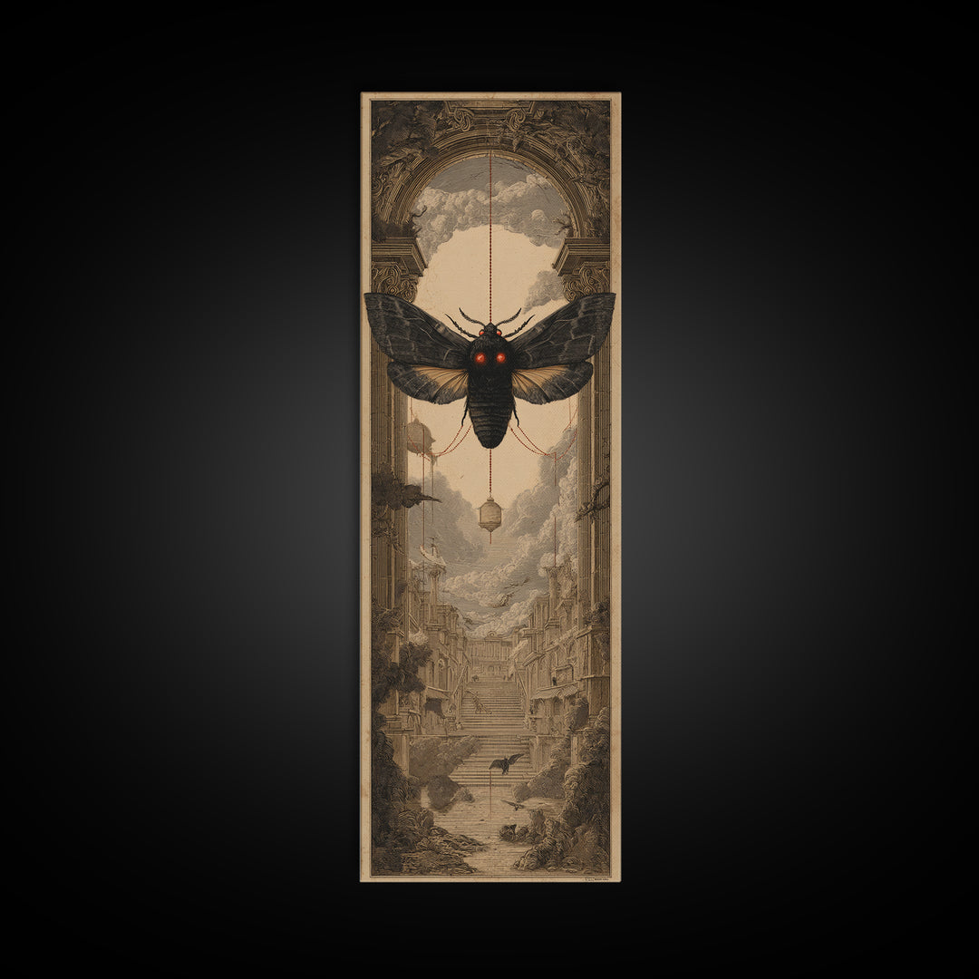 The Red-Eyed Moth Creature, Architectural Etching Art, Tall Narrow Wall Art, Macabre Wall Art, Canvas Print, Horror Wall Art