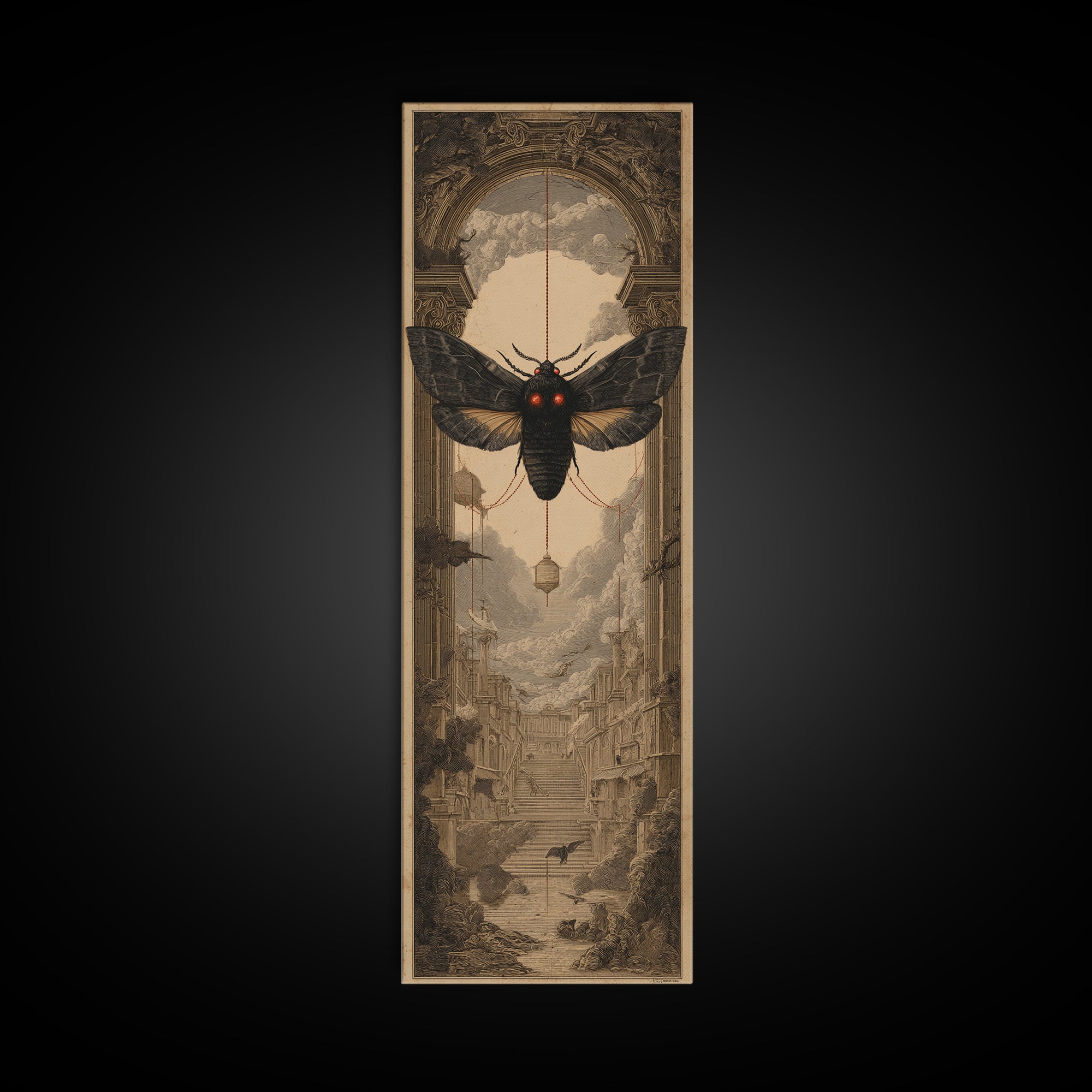The Red-Eyed Moth Creature, Architectural Etching Art, Tall Narrow Wall Art, Macabre Wall Art, Canvas Print, Horror Wall Art