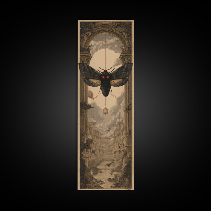 The Red-Eyed Moth Creature, Architectural Etching Art, Tall Narrow Wall Art, Macabre Wall Art, Canvas Print, Horror Wall Art