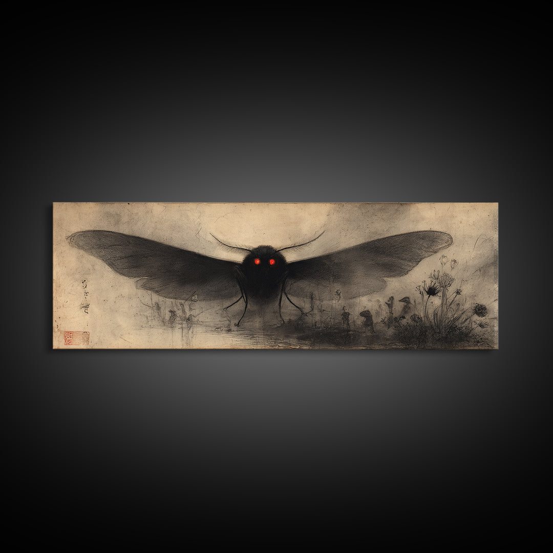 The Red-Eyed Moth Creature, Symbolist Dream Art, Extra Wide Wall Art, Gothic Horror Wall Art, Framed Canvas Print, Halloween Wall Art