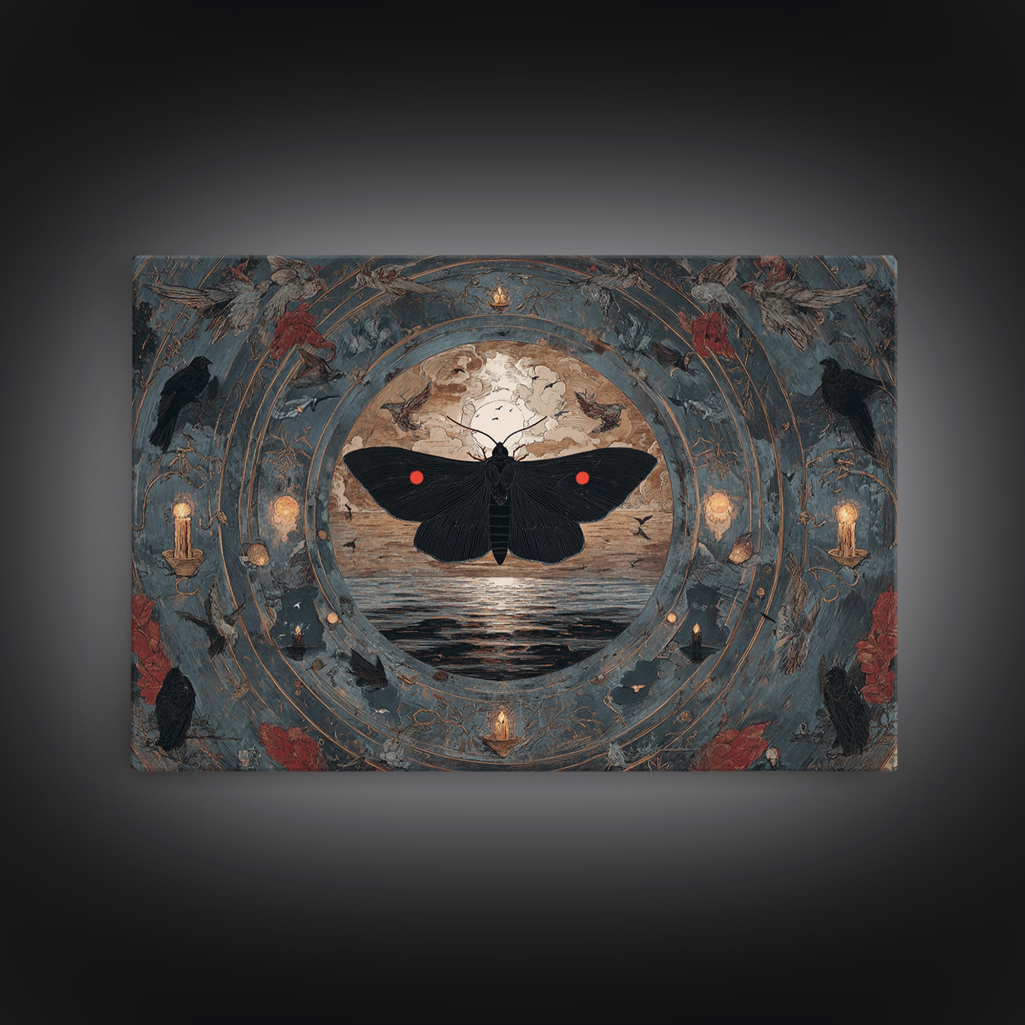 The Red-Eyed Moth Creature, Symbolist Gothic Landscape, Landscape Wall Art, Dark Halloween Decor, Framed Canvas Print, Halloween Wall Art