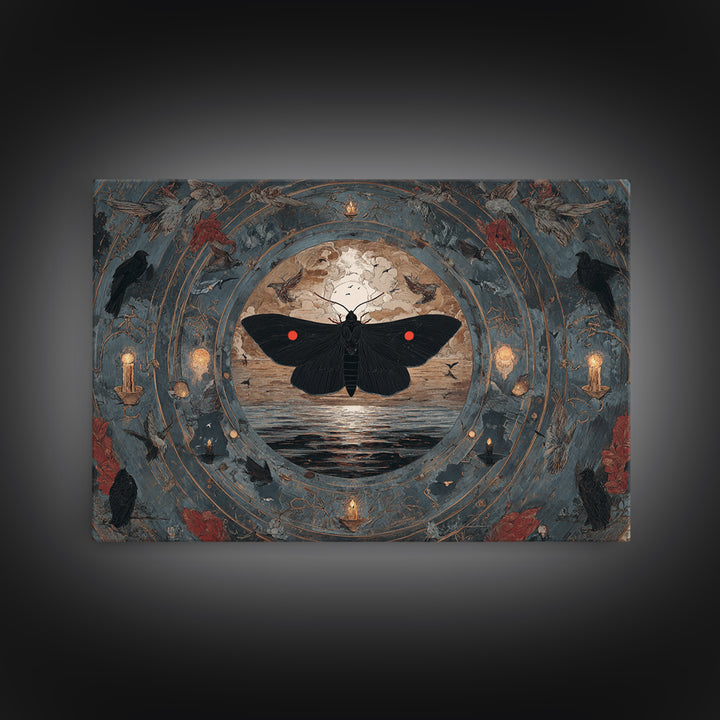 The Red-Eyed Moth Creature, Symbolist Gothic Landscape, Landscape Wall Art, Dark Halloween Decor, Framed Canvas Print, Halloween Wall Art