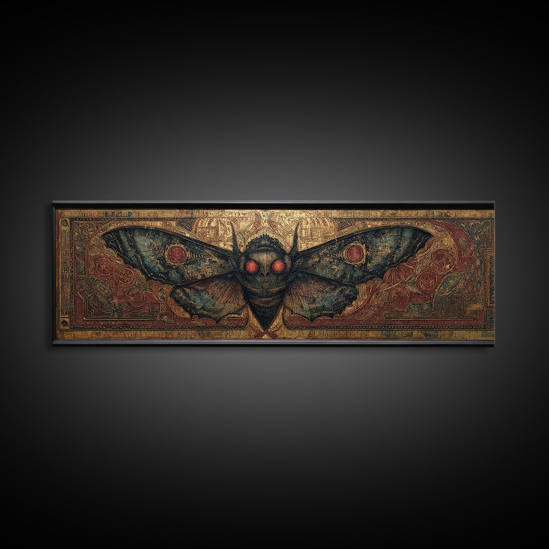 The Red-Eyed Moth Creature, Ornate Symbolist Art, Extra Wide Wall Art, Gothic Horror Wall Art, Canvas Print, Halloween Wall Art