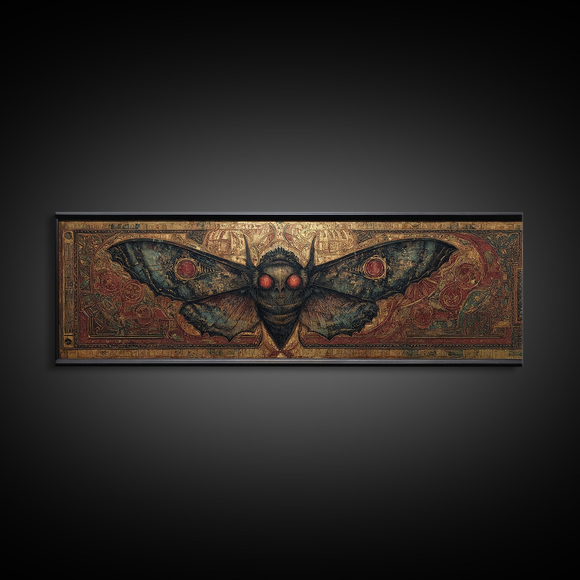 The Red-Eyed Moth Creature, Ornate Symbolist Art, Extra Wide Wall Art, Gothic Horror Wall Art, Canvas Print, Halloween Wall Art