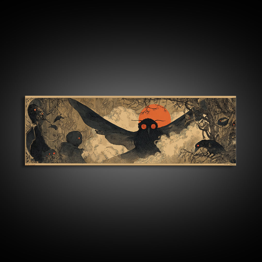 The Red-Eyed Moth Creature, Decadent Gothic Art, Extra Wide Wall Art, Dark Halloween Decor, Canvas Print, Halloween Wall Art